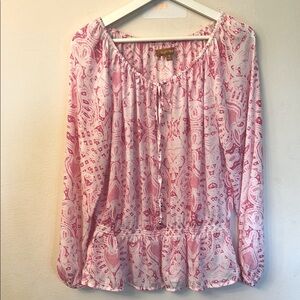 Ellen Tracy Pink and White Peplum Long Sleeve Blouse